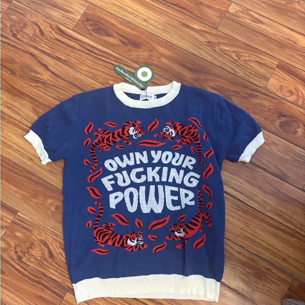 Bold Blue Graphic Knit Tee with Statement Slogan